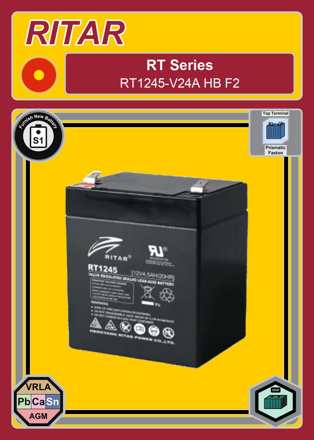 Furnish New Battery Ritar RT Series RT1245 V24A HB F2