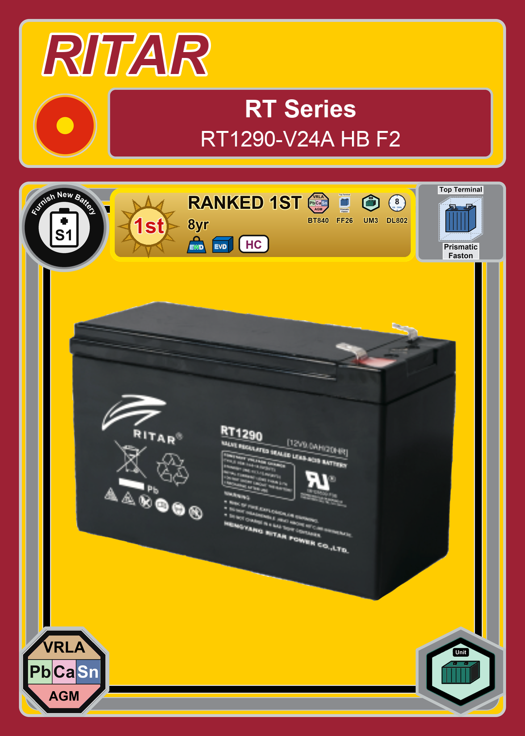 Furnish New Battery Ritar RT Series RT1290 V24A HB F2