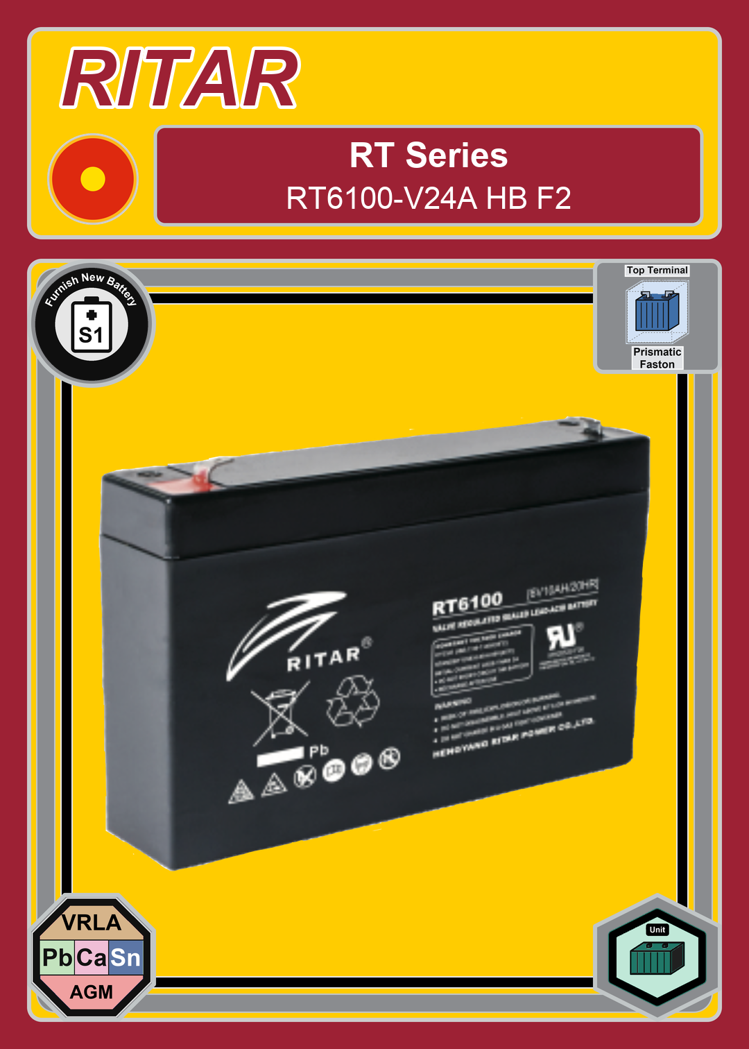 Furnish New Battery Ritar RT Series RT6100 V24A HB F2