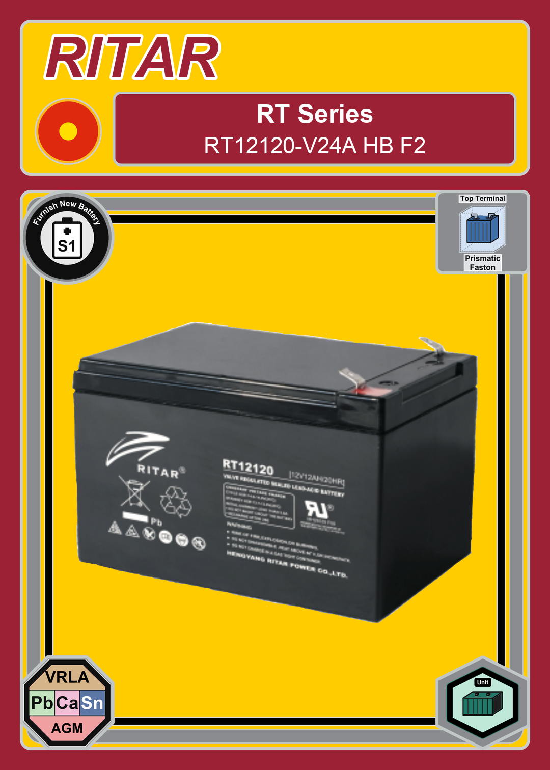 Furnish New Battery Ritar RT Series RT12120 V24A HB F2