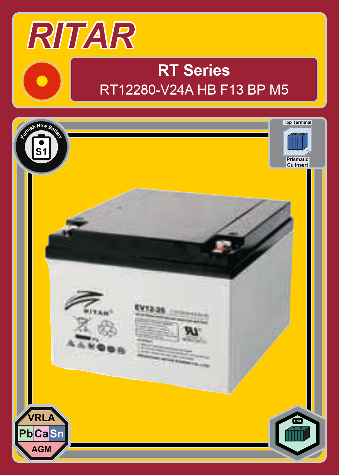 Furnish New Battery Ritar RT Series RT12280 V24A HB F13 BP M5