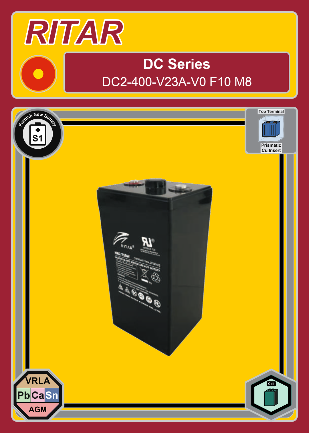 Furnish New Battery Ritar DC Series DC2 400 V23A V0 F10 M8