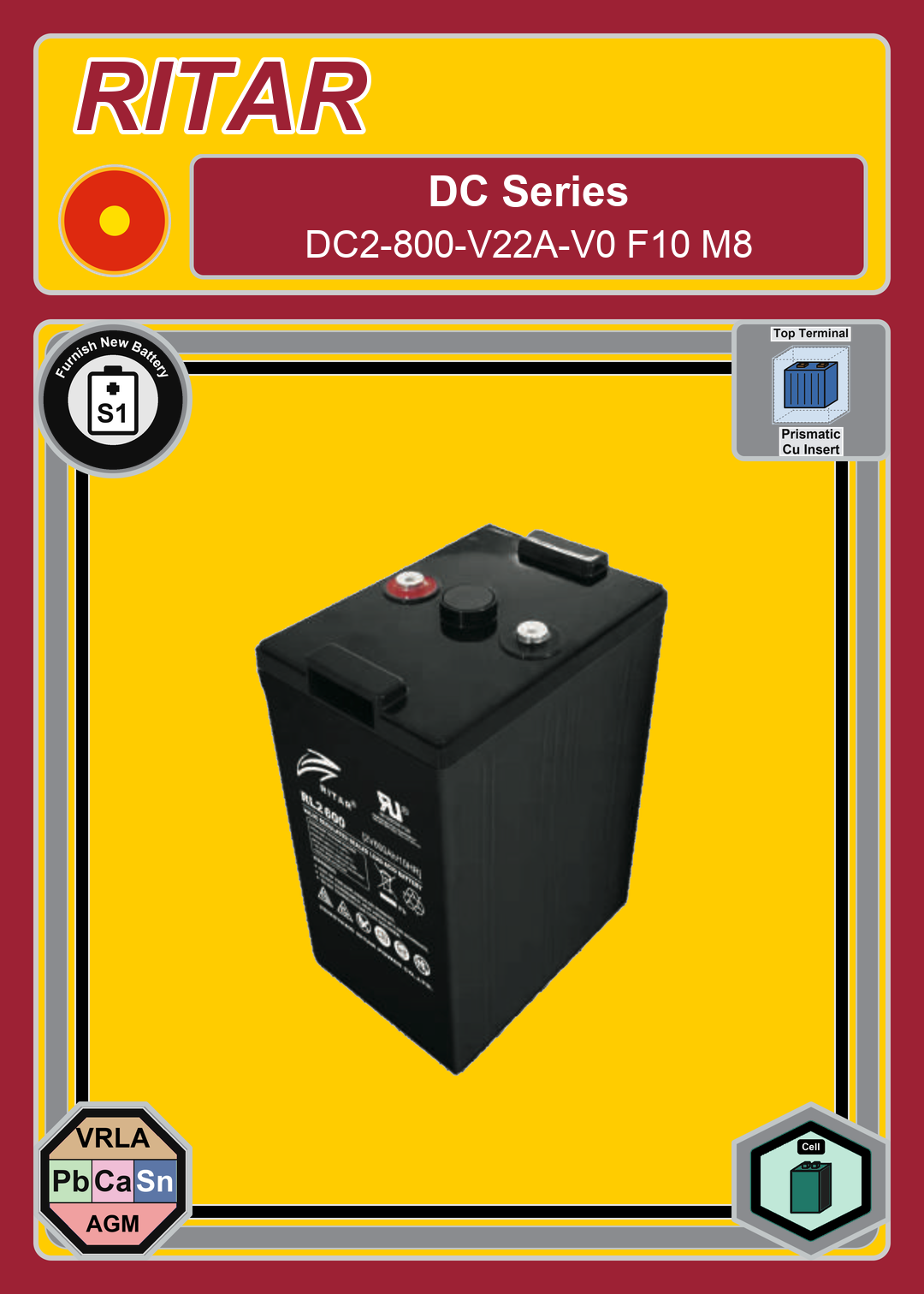 Furnish New Battery Ritar DC Series DC2 800 V22A V0 F10 M8