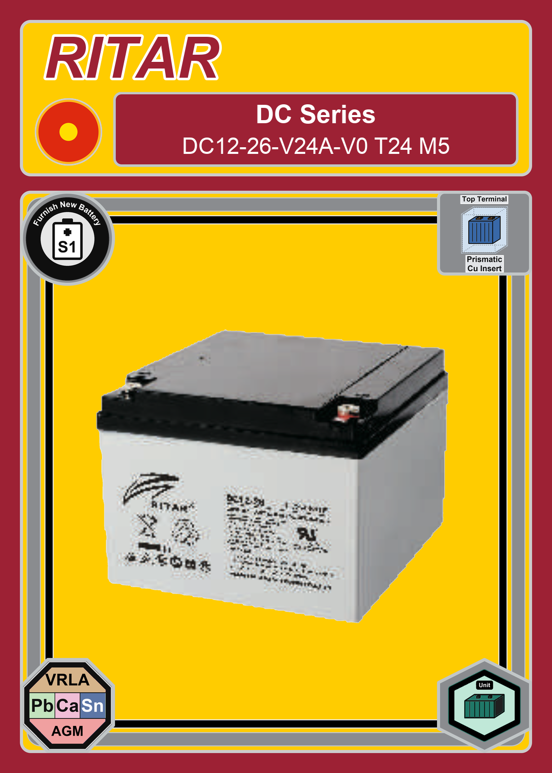 Furnish New Battery Ritar DC Series DC12 26 V24A V0 T24 M5