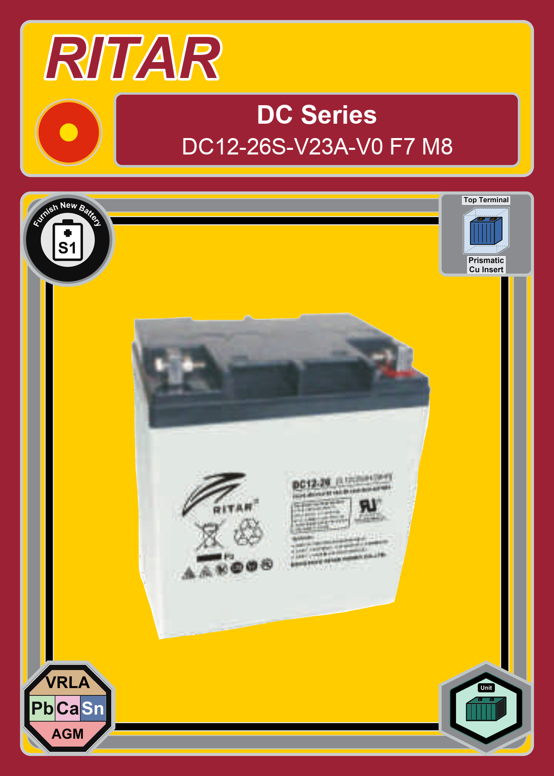 Furnish New Battery Ritar DC Series DC12 26S V23A V0 F7 M8