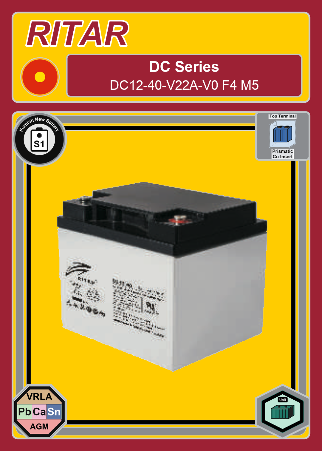 Furnish New Battery Ritar DC Series DC12 40 V22A V0 F4 M5
