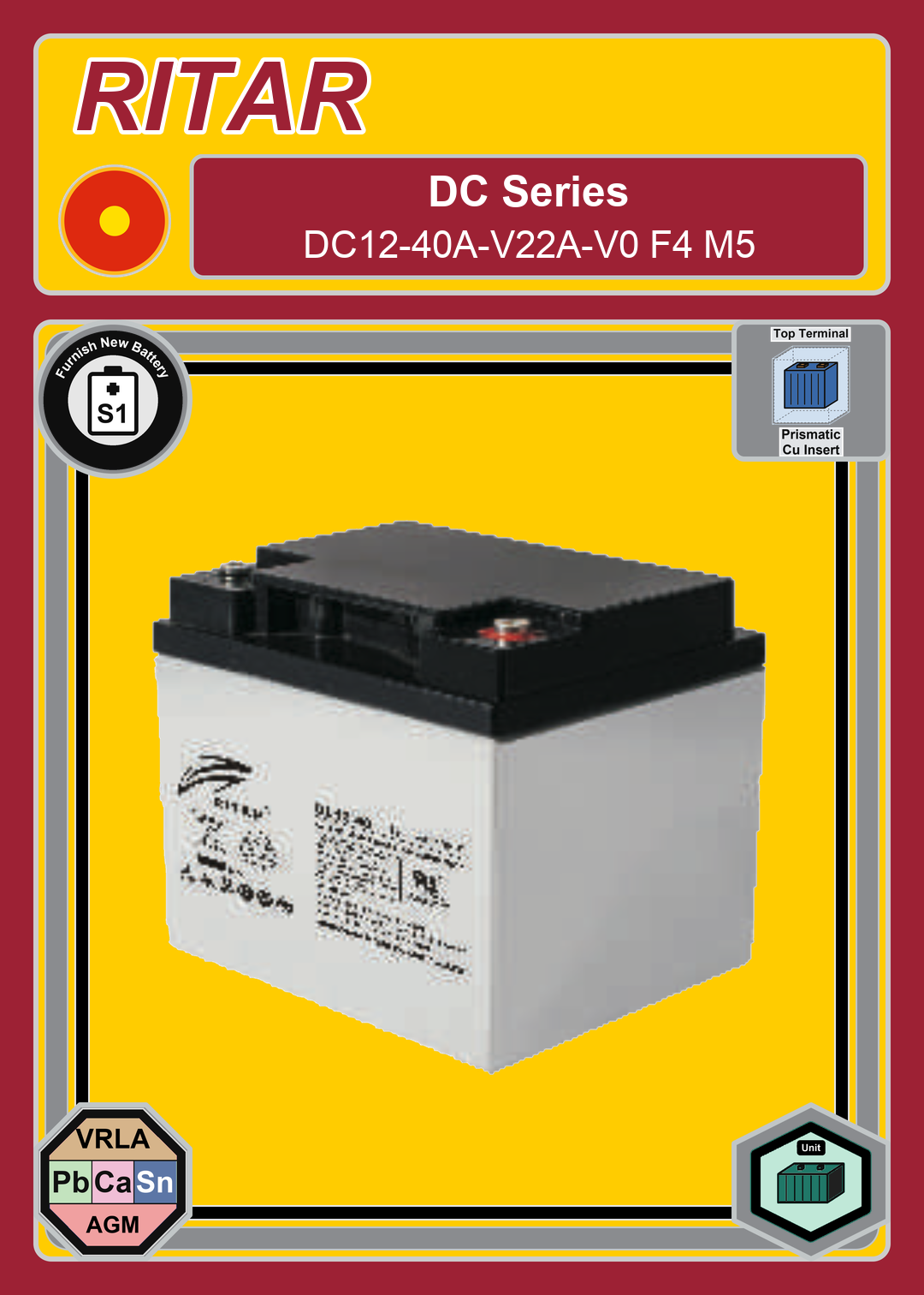 Furnish New Battery Ritar DC Series DC12 40A V22A V0 F4 M5