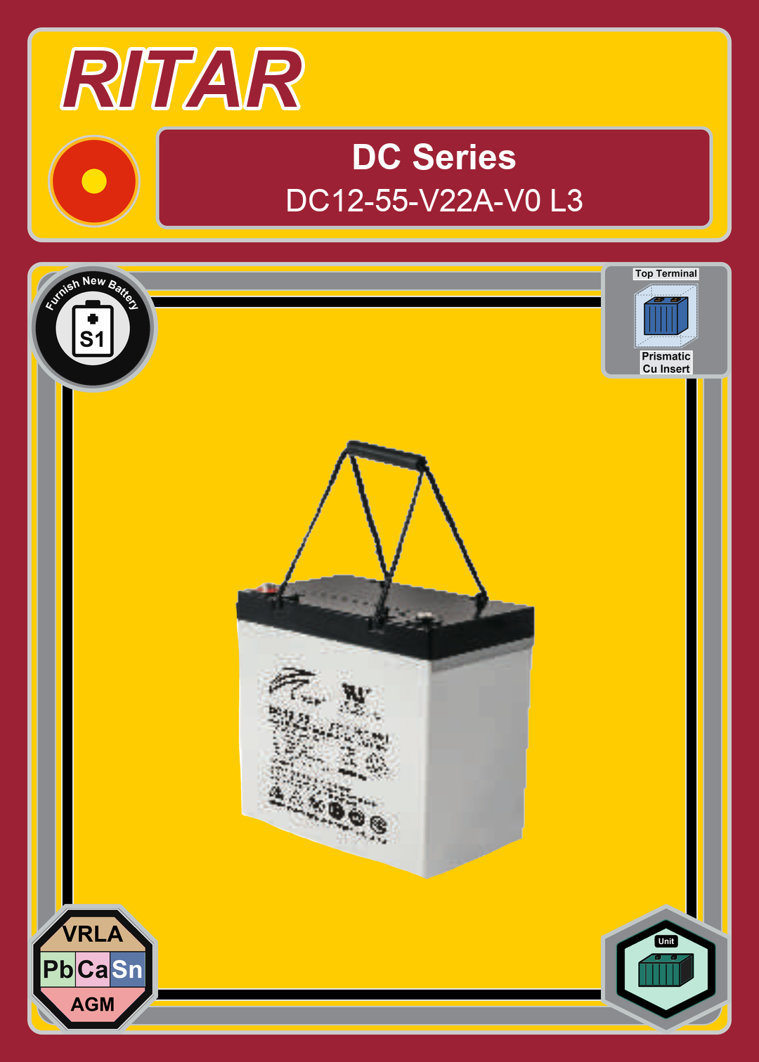 Furnish New Battery Ritar DC Series DC12 55 V22A V0 L3