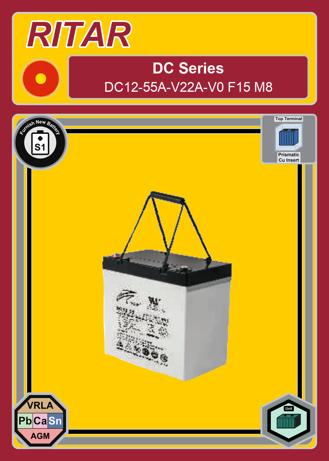 Furnish New Battery Ritar DC Series DC12 55A V22A V0 F15 M8