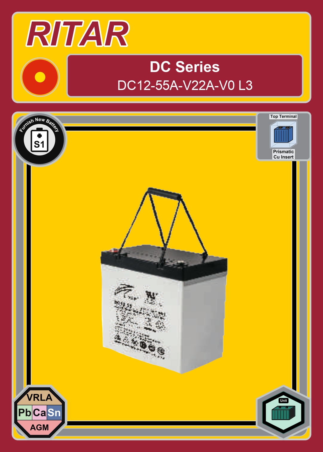 Furnish New Battery Ritar DC Series DC12 55A V22A V0 L3