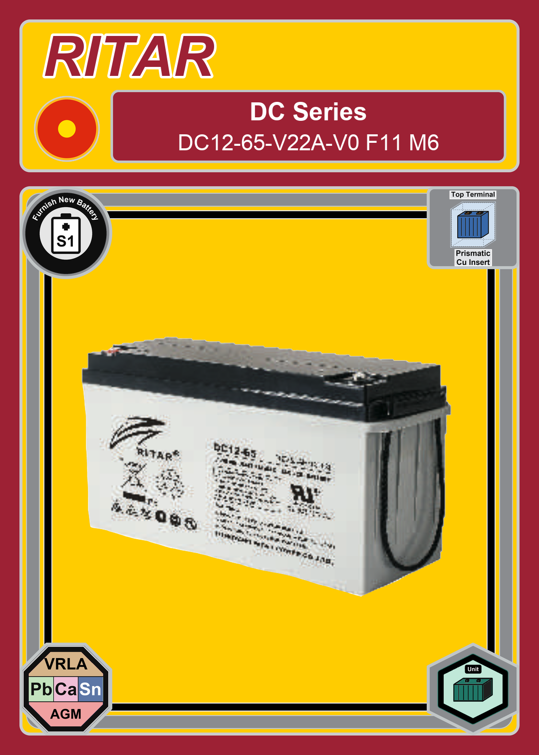 Furnish New Battery Ritar DC Series DC12 65 V22A V0 F11 M6