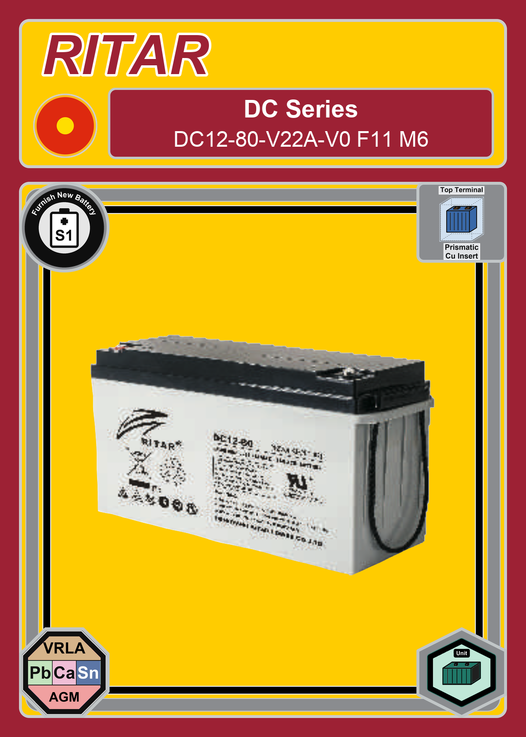 Furnish New Battery Ritar DC Series DC12 80 V22A V0 F11 M6