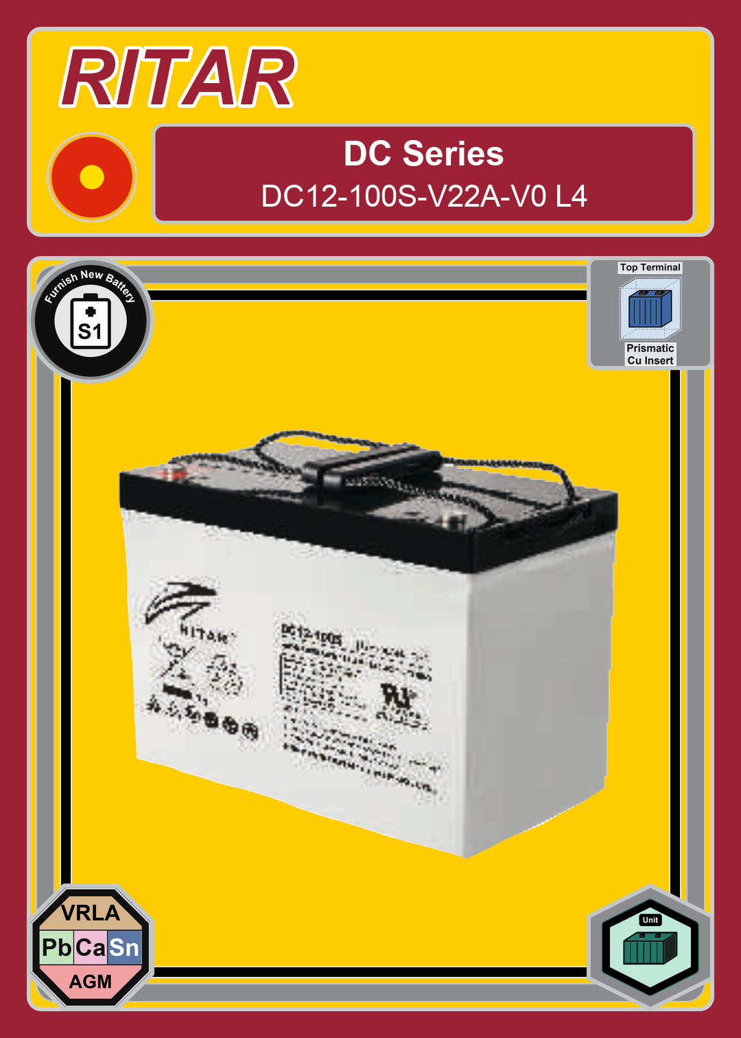 Furnish New Battery Ritar DC Series DC12 100S V22A V0 L4