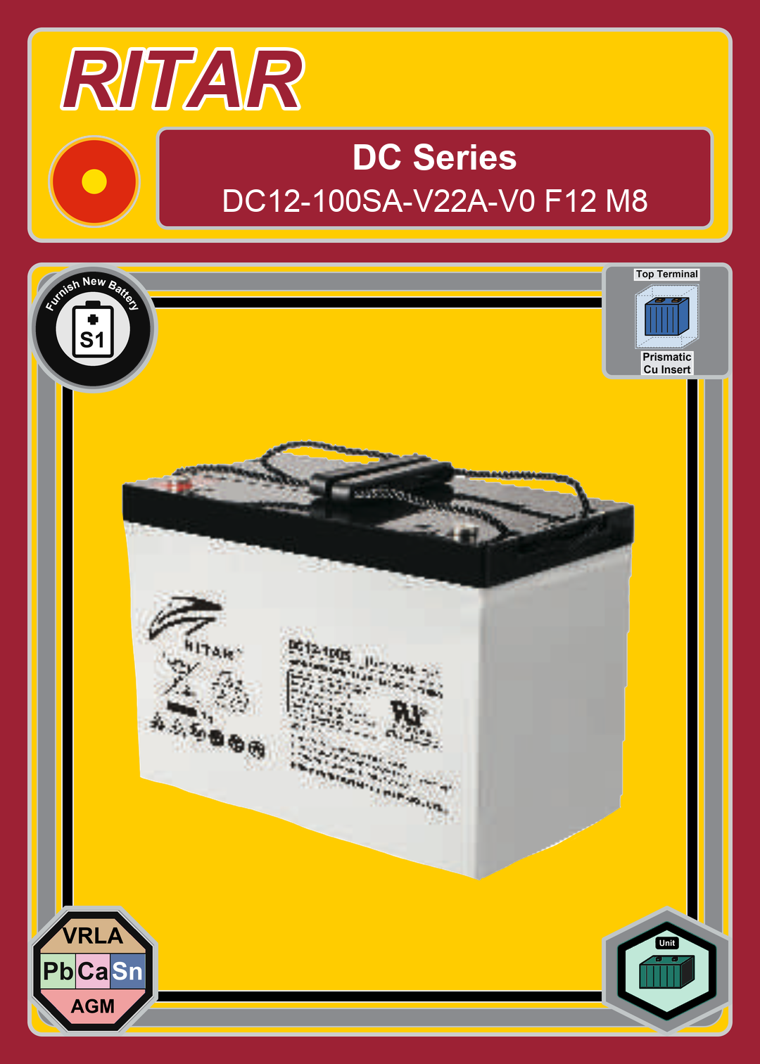 Furnish New Battery Ritar DC Series DC12 100SA V22A V0 F12 M8