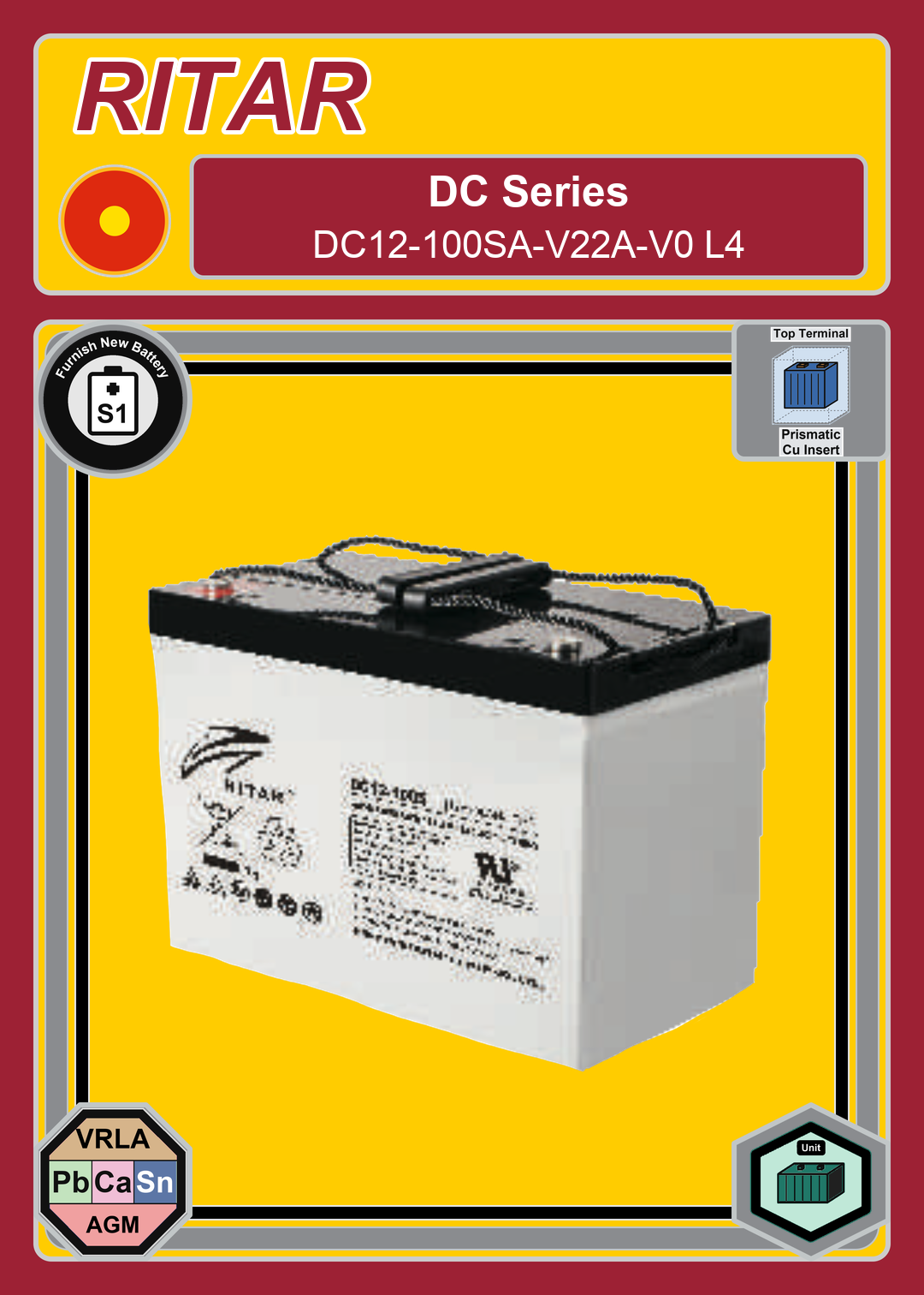 Furnish New Battery Ritar DC Series DC12 100SA V22A V0 L4