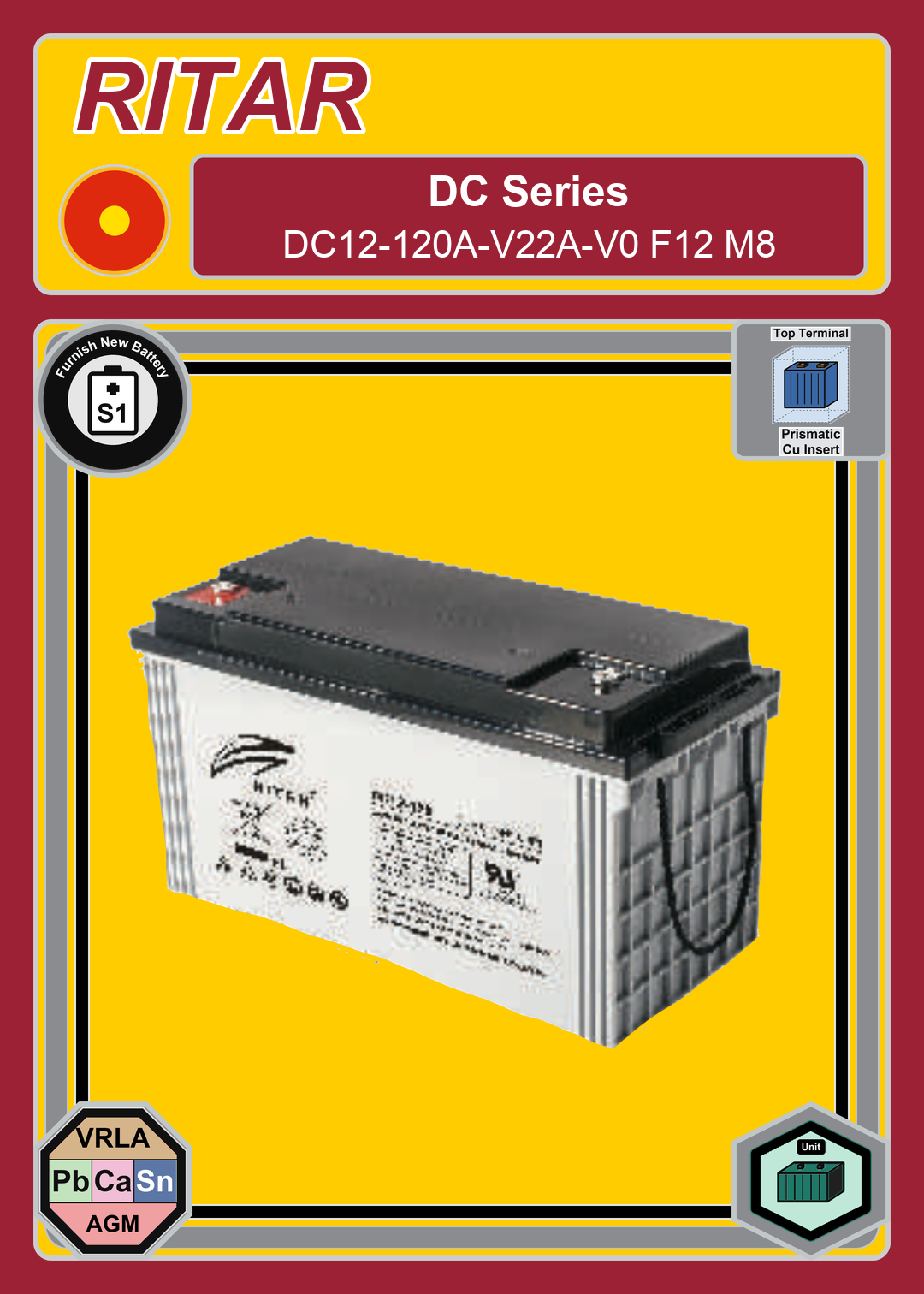 Furnish New Battery Ritar DC Series DC12 120A V22A V0 F12 M8