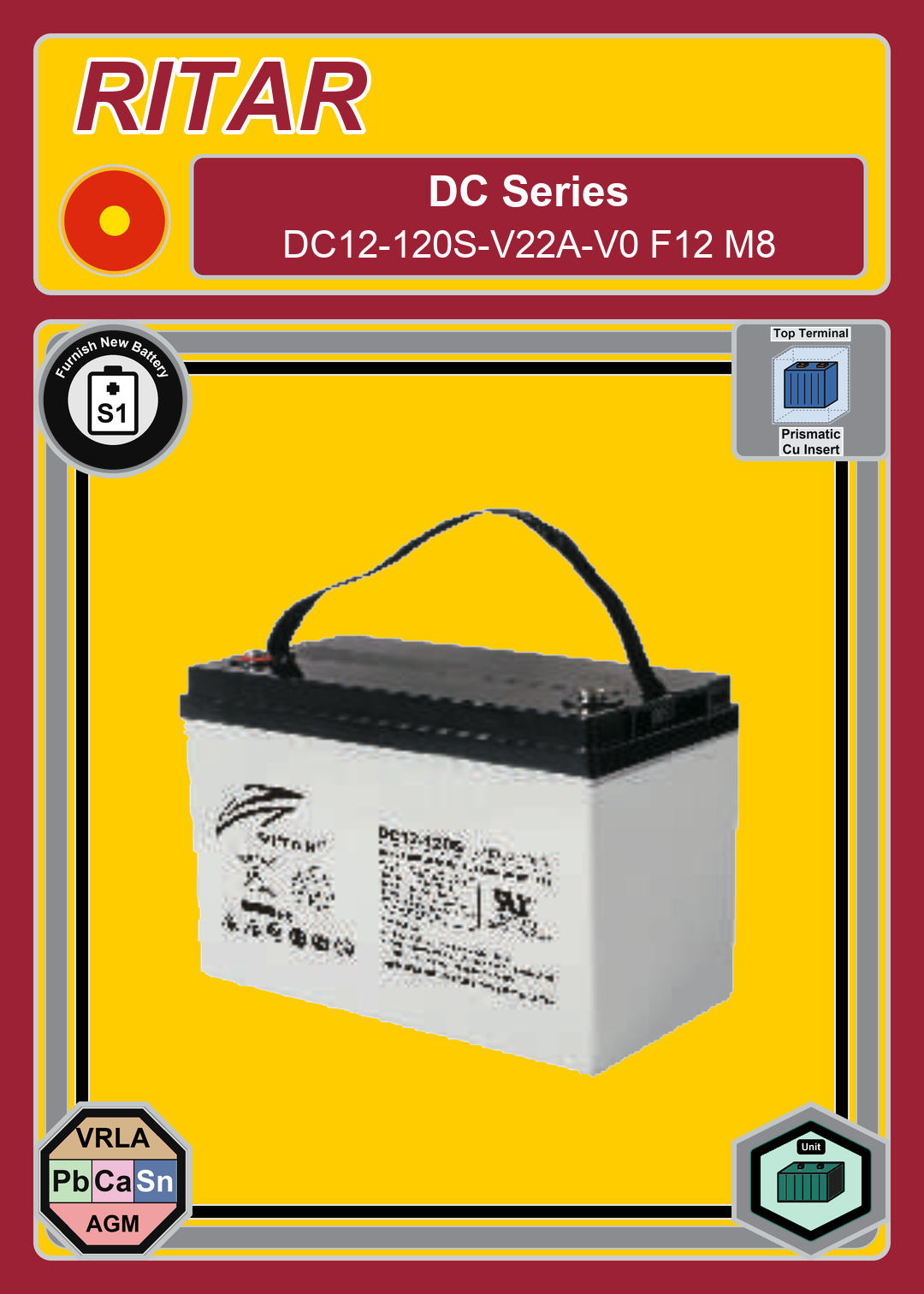Furnish New Battery Ritar DC Series DC12 120S V22A V0 F12 M8