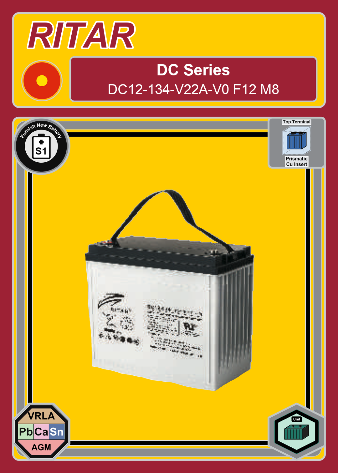 Furnish New Battery Ritar DC Series DC12 134 V22A V0 F12 M8