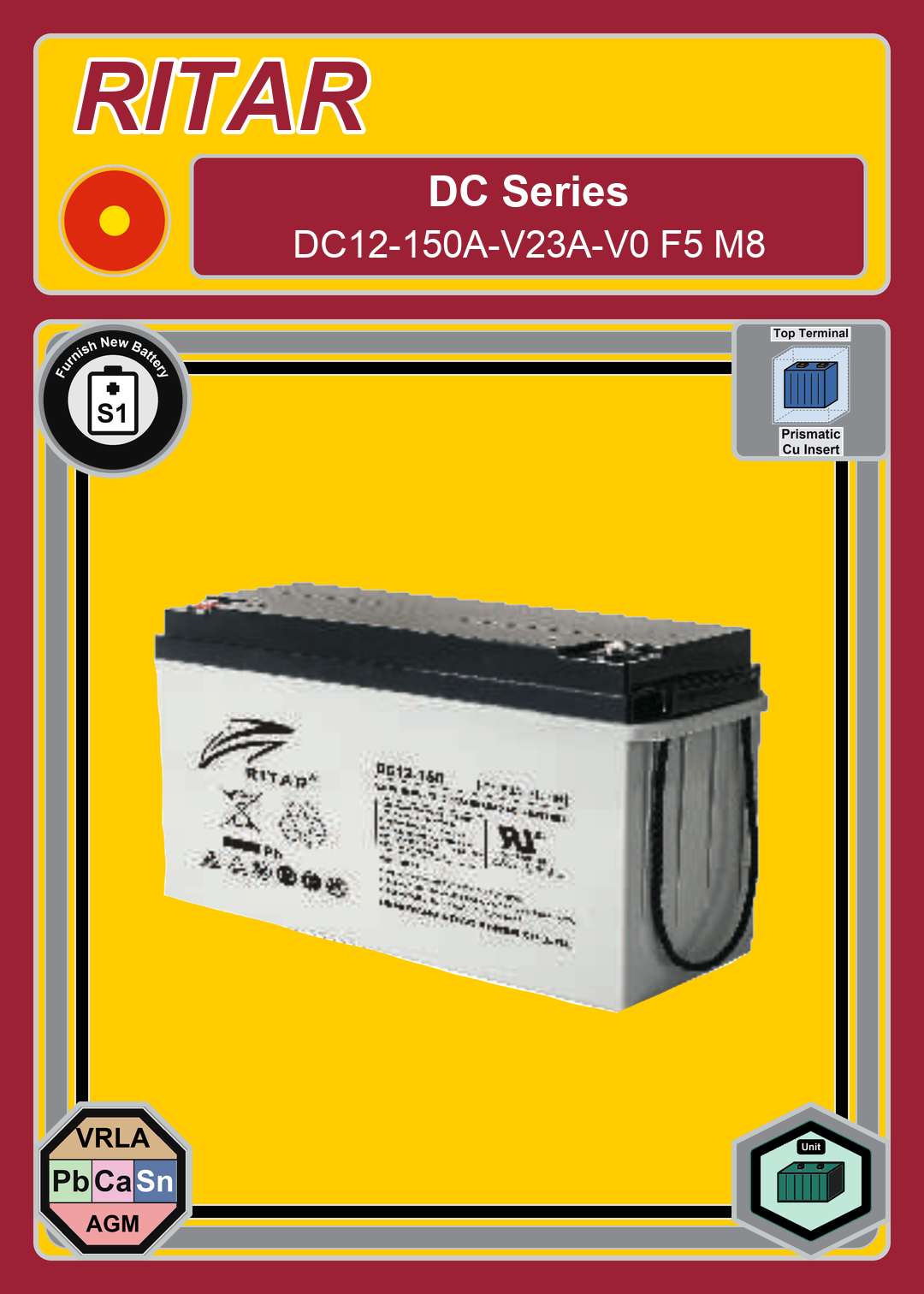 Furnish New Battery Ritar DC Series DC12 150A V23A V0 F5 M8