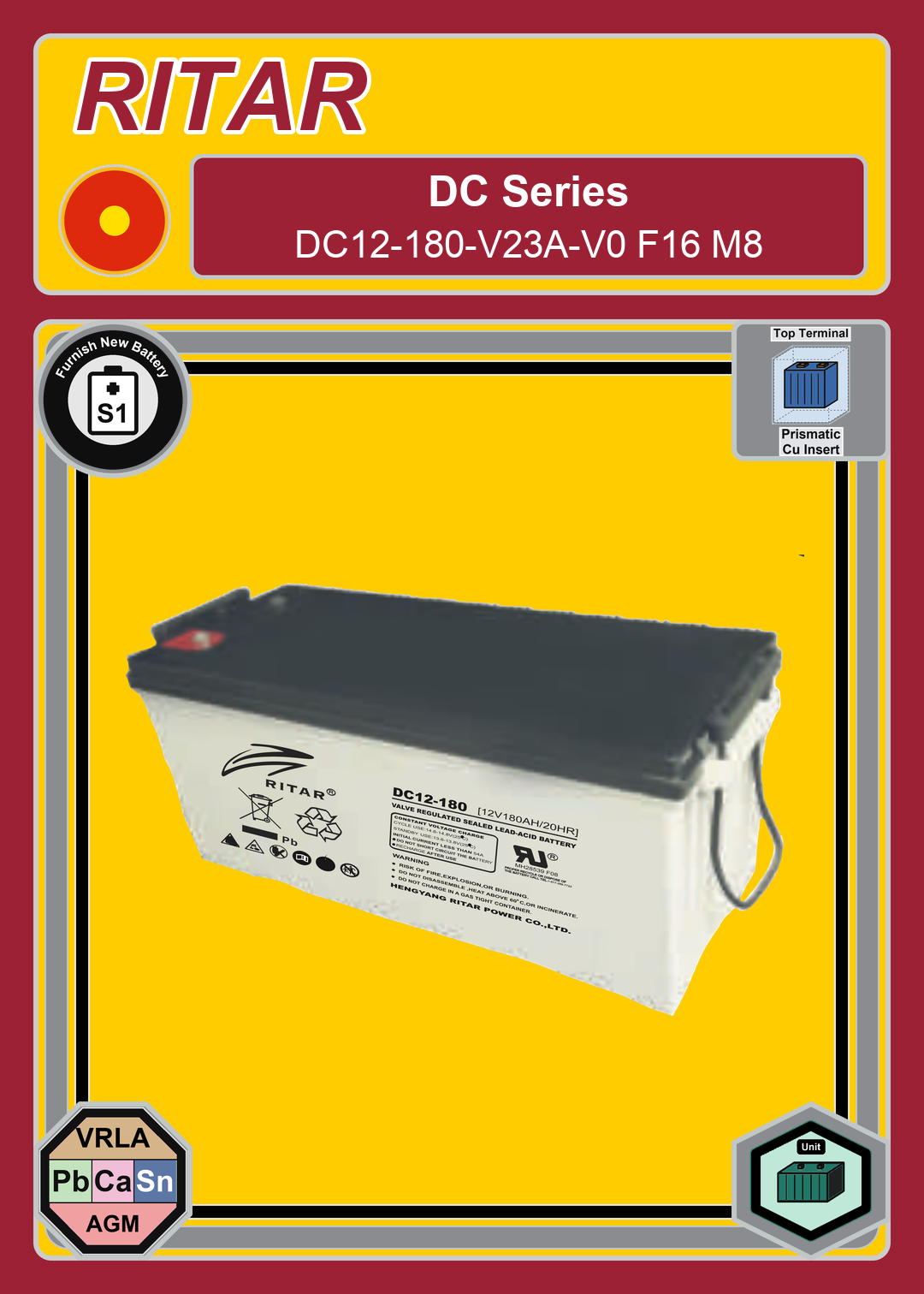 Furnish New Battery Ritar DC Series DC12 180 V23A V0 F16 M8