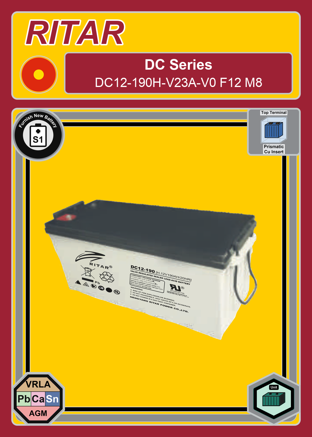 Furnish New Battery Ritar DC Series DC12 190H V23A V0 F12 M8