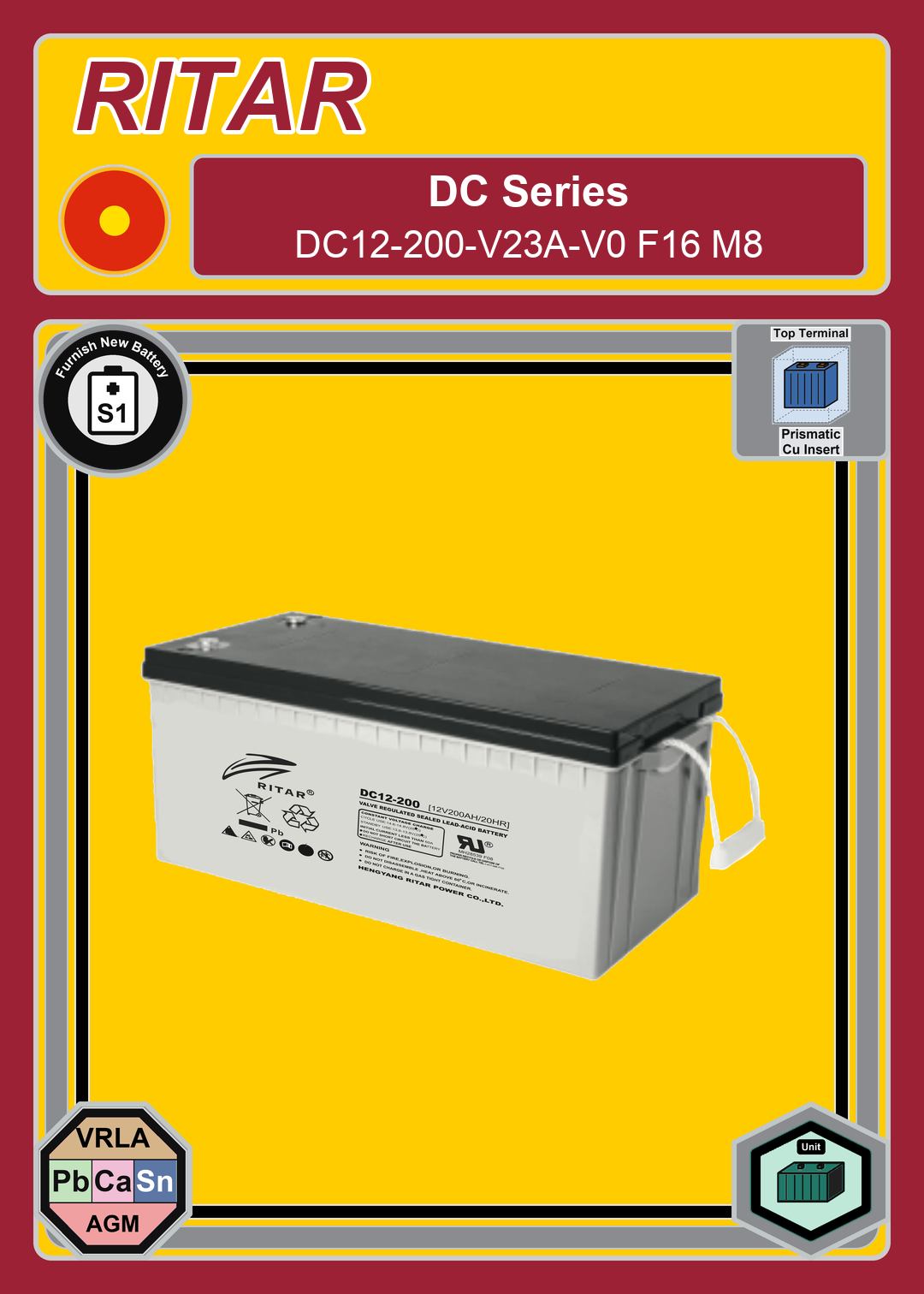 Furnish New Battery Ritar DC Series DC12 200 V23A V0 F16 M8