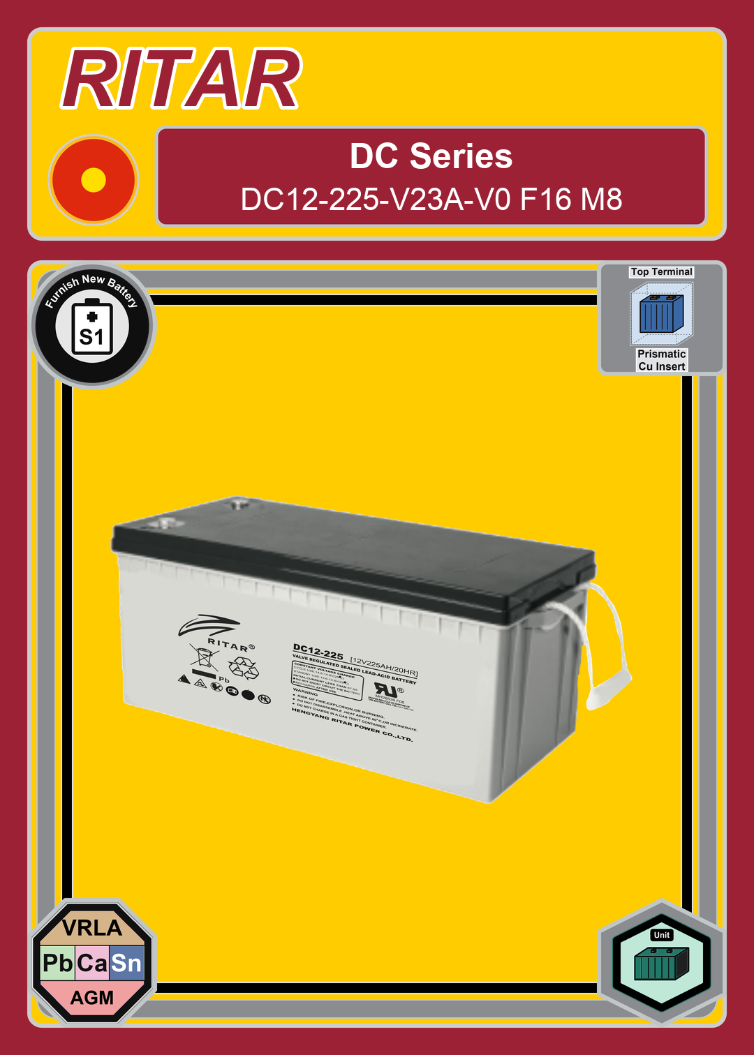 Furnish New Battery Ritar DC Series DC12 225 V23A V0 F16 M8
