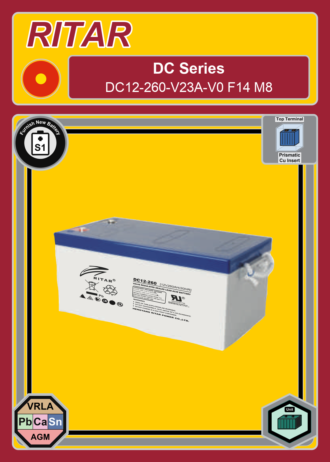 Furnish New Battery Ritar DC Series DC12 260 V23A V0 F14 M8