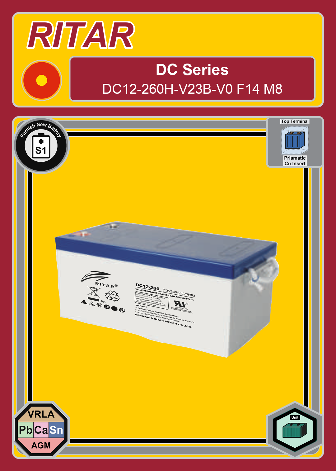 Furnish New Battery Ritar DC Series DC12 260H V23B V0 F14 M8