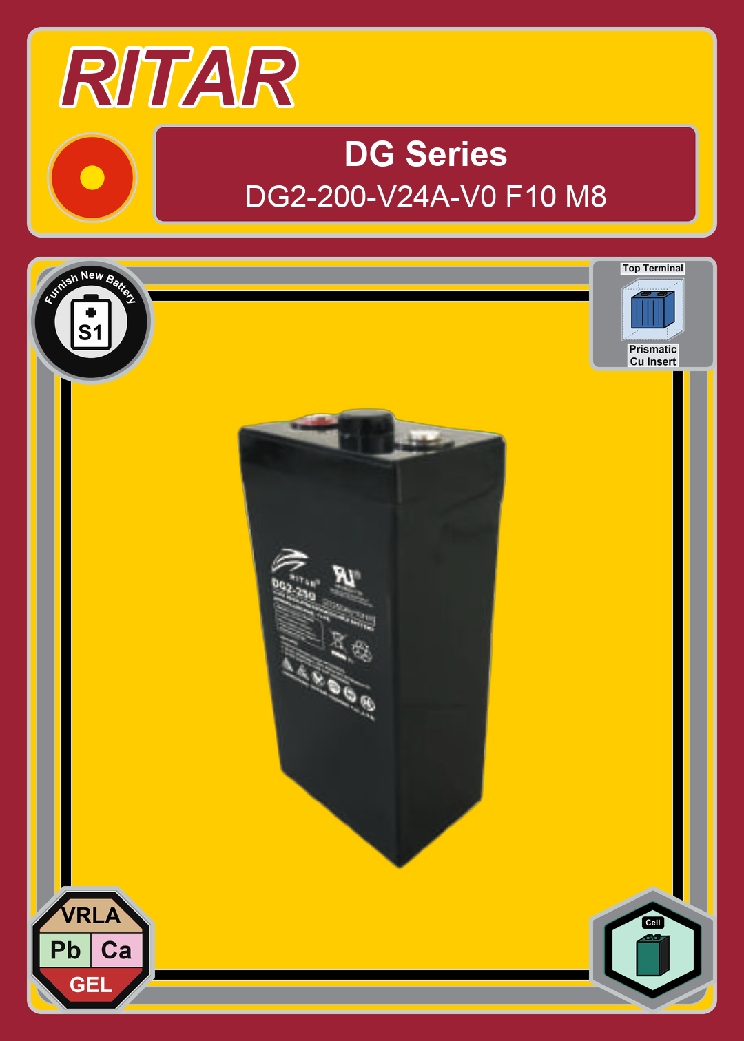 Furnish New Battery Ritar DG Series DG2 200 V24A V0 F10 M8