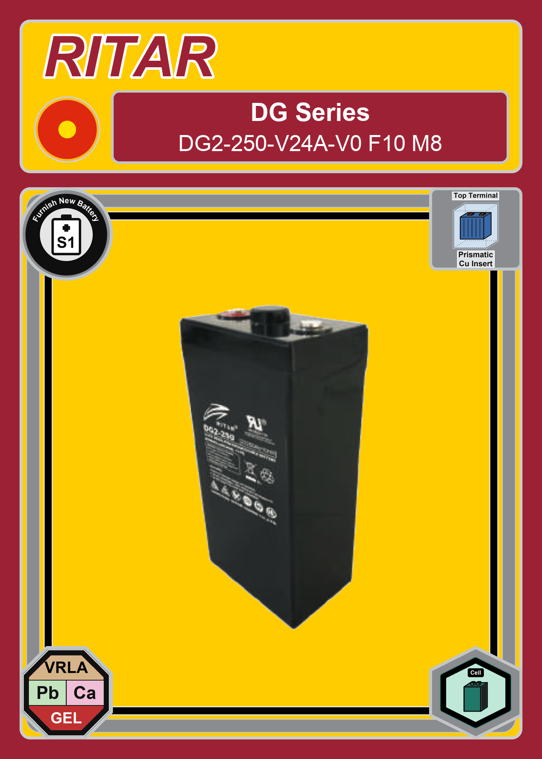 Furnish New Battery Ritar DG Series DG2 250 V24A V0 F10 M8