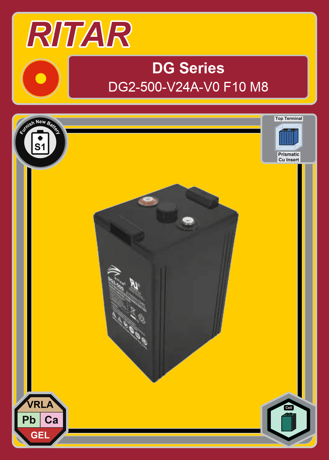Furnish New Battery Ritar DG Series DG2 500 V24A V0 F10 M8