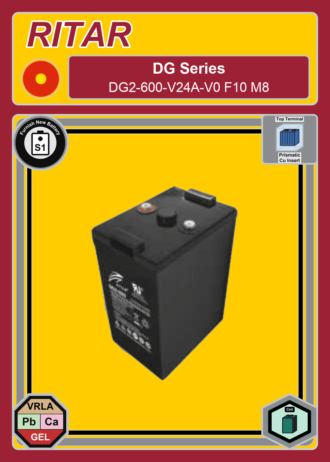 Furnish New Battery Ritar DG Series DG2 600 V24A V0 F10 M8