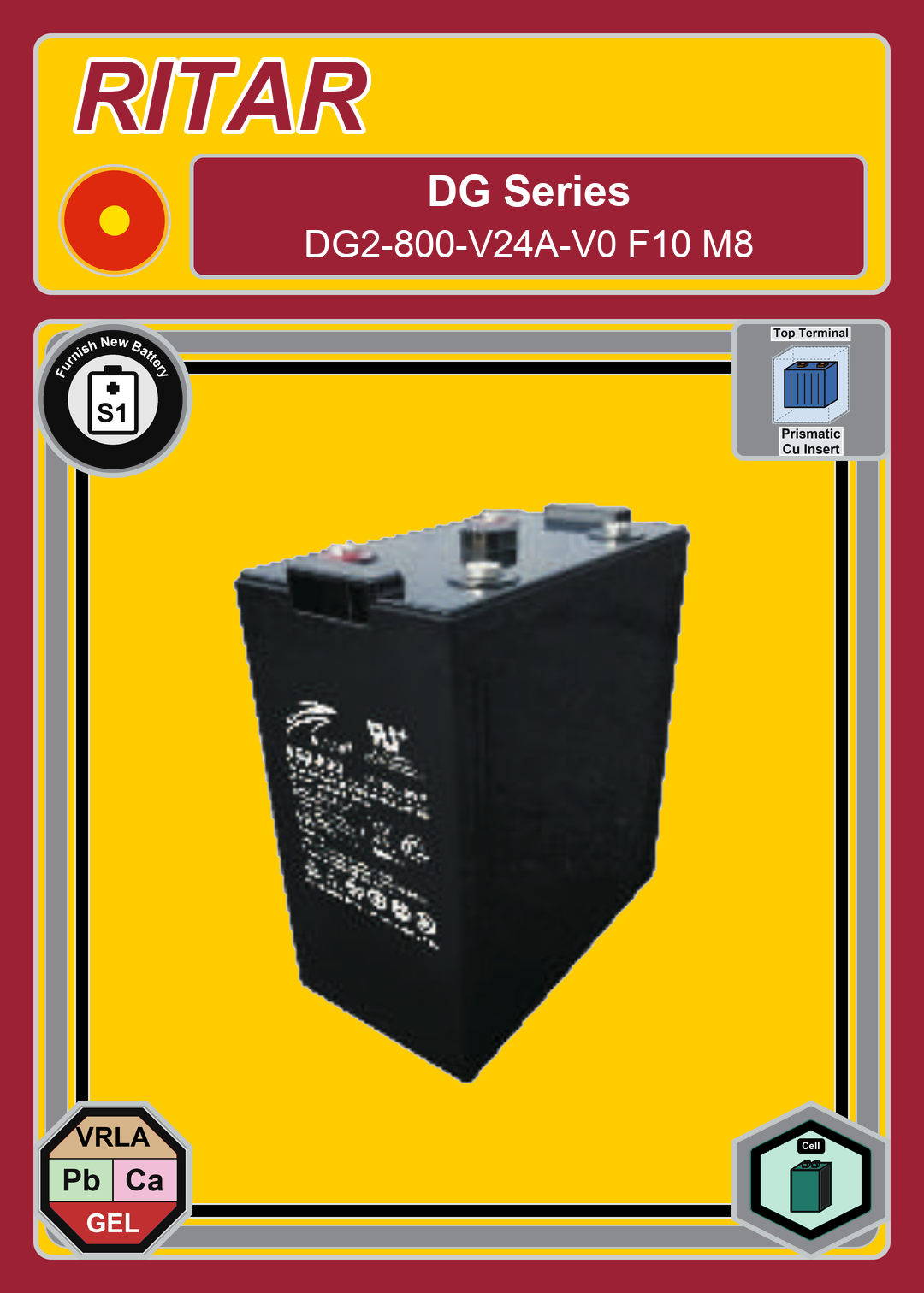 Furnish New Battery Ritar DG Series DG2 800 V24A V0 F10 M8
