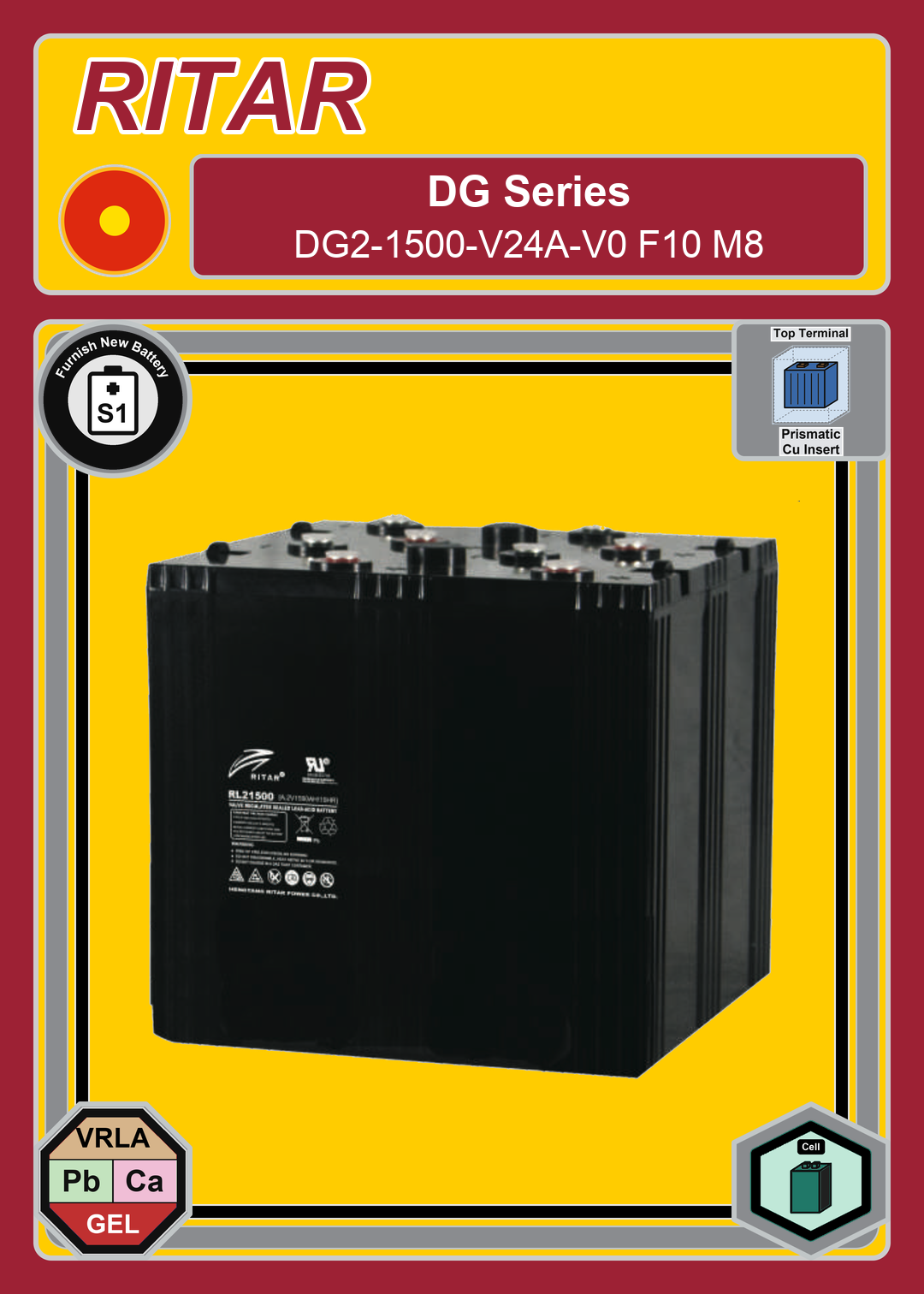 Furnish New Battery Ritar DG Series DG2 1500 V24A V0 F10 M8
