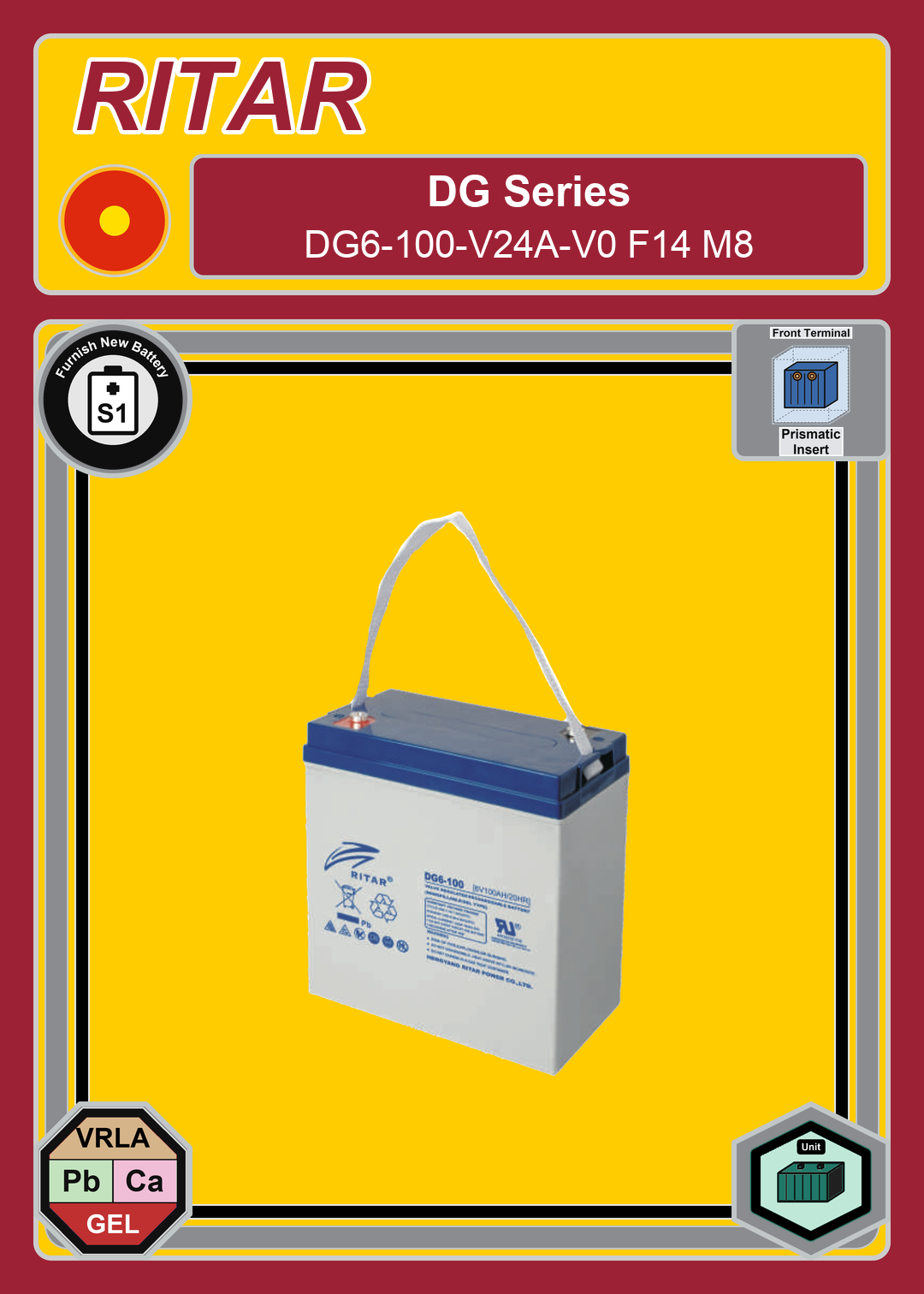 Furnish New Battery Ritar DG Series DG6 100 V24A V0 F14 M8