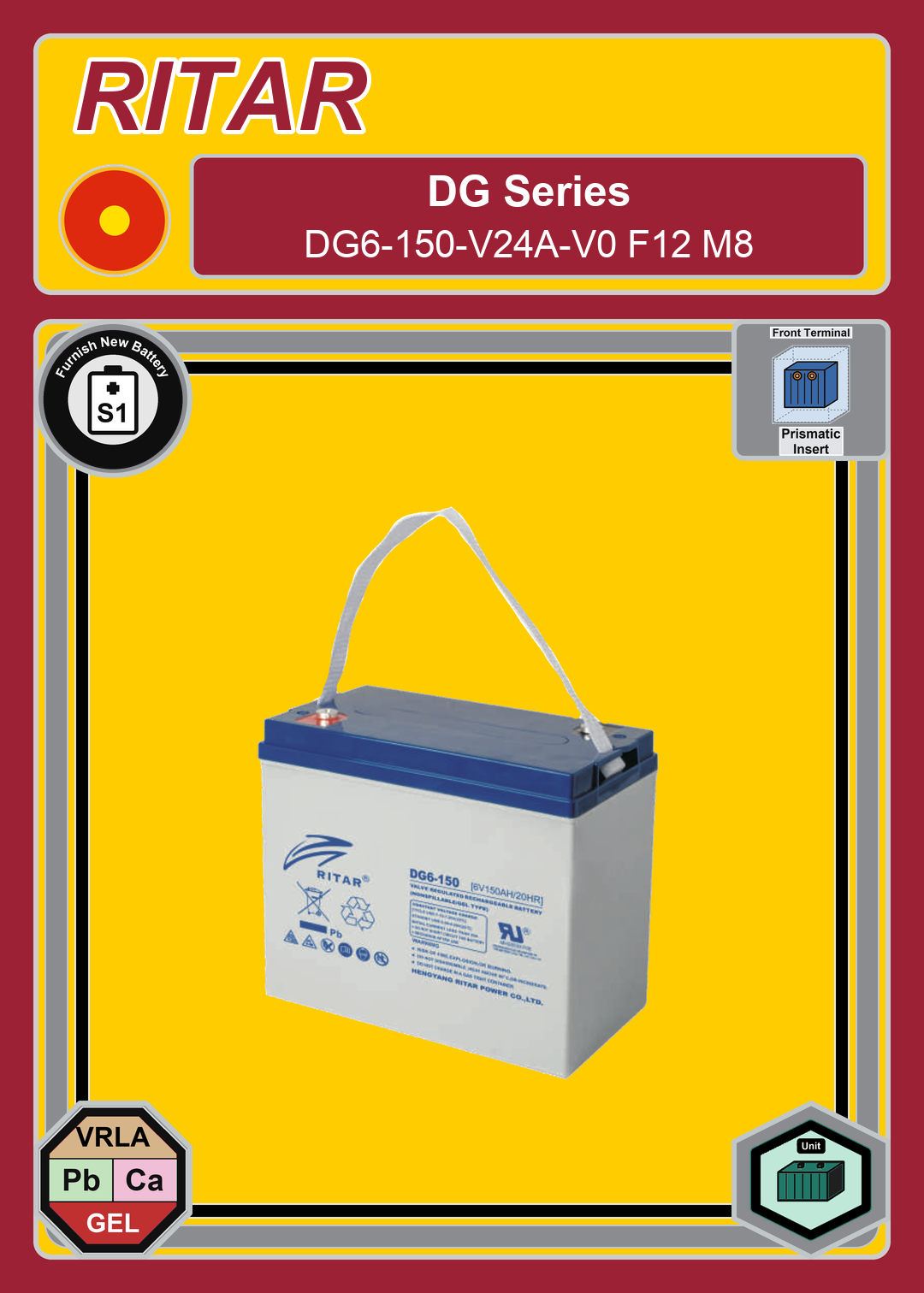 Furnish New Battery Ritar DG Series DG6 150 V24A V0 F12 M8