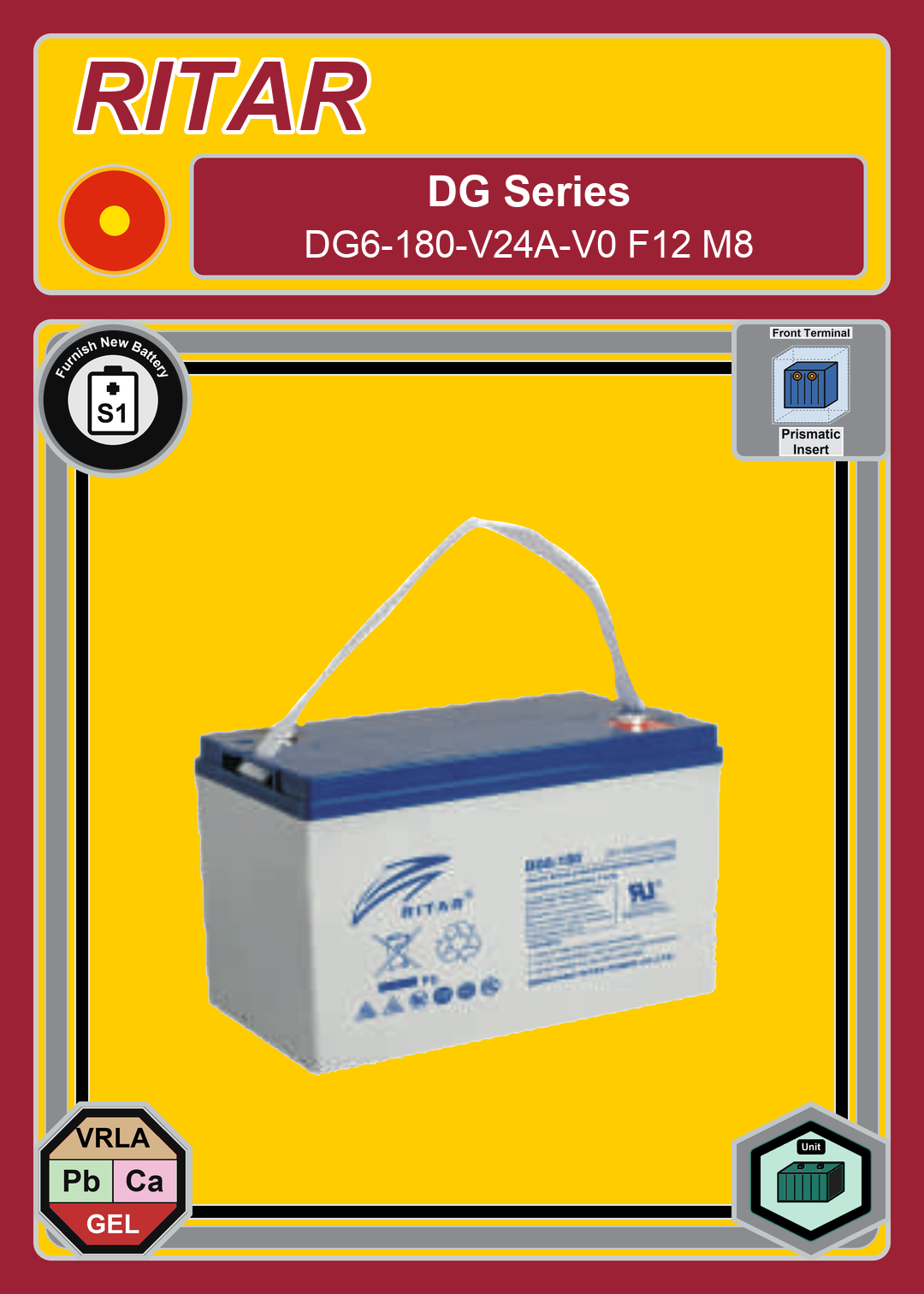 Furnish New Battery Ritar DG Series DG6 180 V24A V0 F12 M8