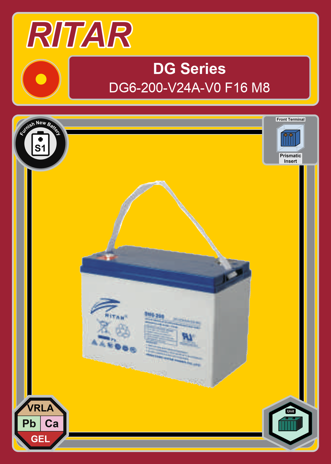 Furnish New Battery Ritar DG Series DG6 200 V24A V0 F16 M8