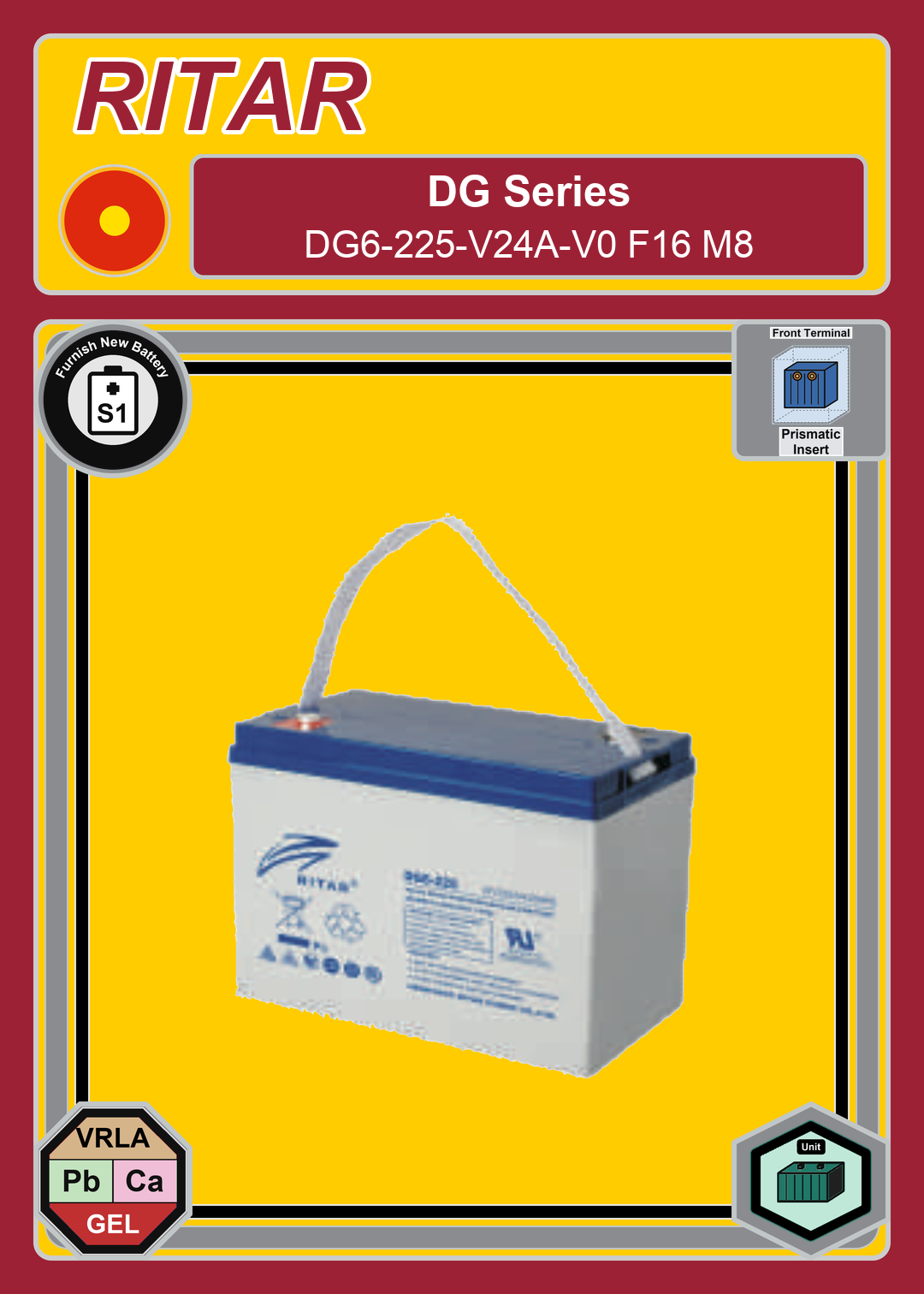 Furnish New Battery Ritar DG Series DG6 225 V24A V0 F16 M8