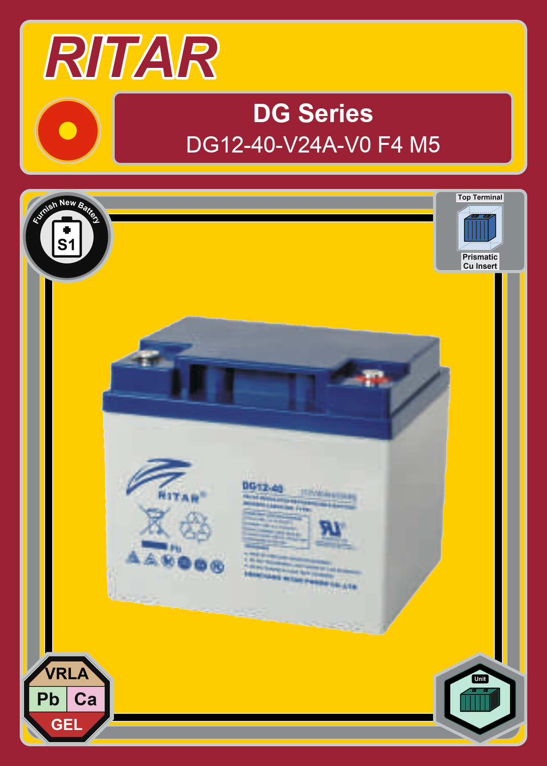 Furnish New Battery Ritar DG Series DG12 40 V24A V0 F4 M5