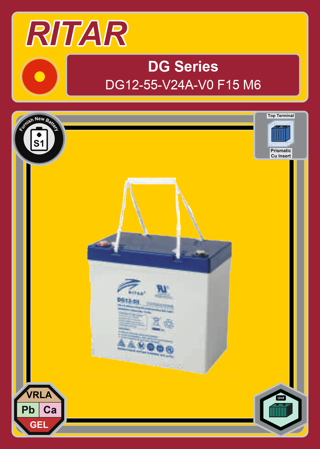 Furnish New Battery Ritar DG Series DG12 55 V24A V0 F15 M6