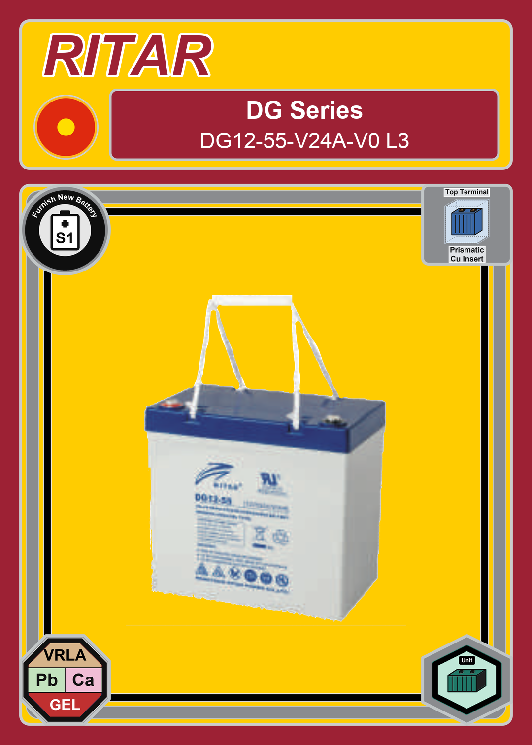 Furnish New Battery Ritar DG Series DG12 55 V24A V0 L3