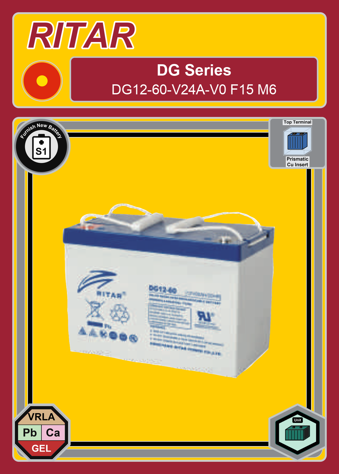 Furnish New Battery Ritar DG Series DG12 60 V24A V0 F15 M6