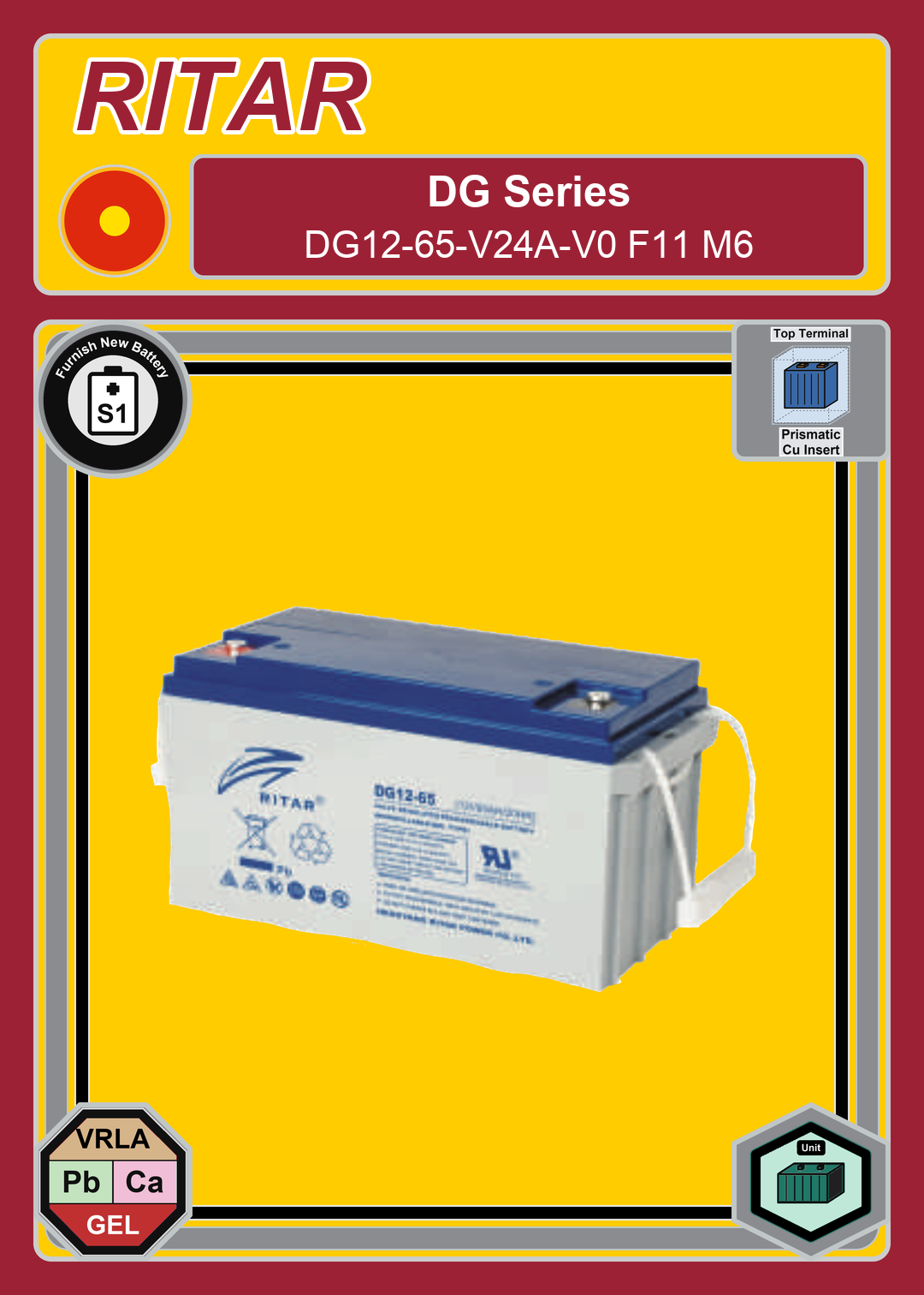 Furnish New Battery Ritar DG Series DG12 65 V24A V0 F11 M6