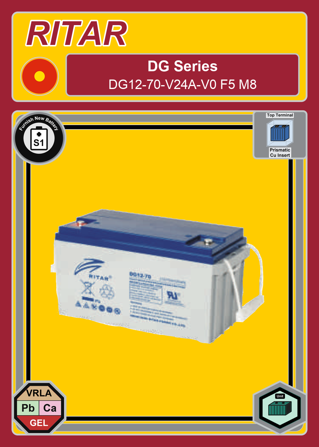 Furnish New Battery Ritar DG Series DG12 70 V24A V0 F5 M8