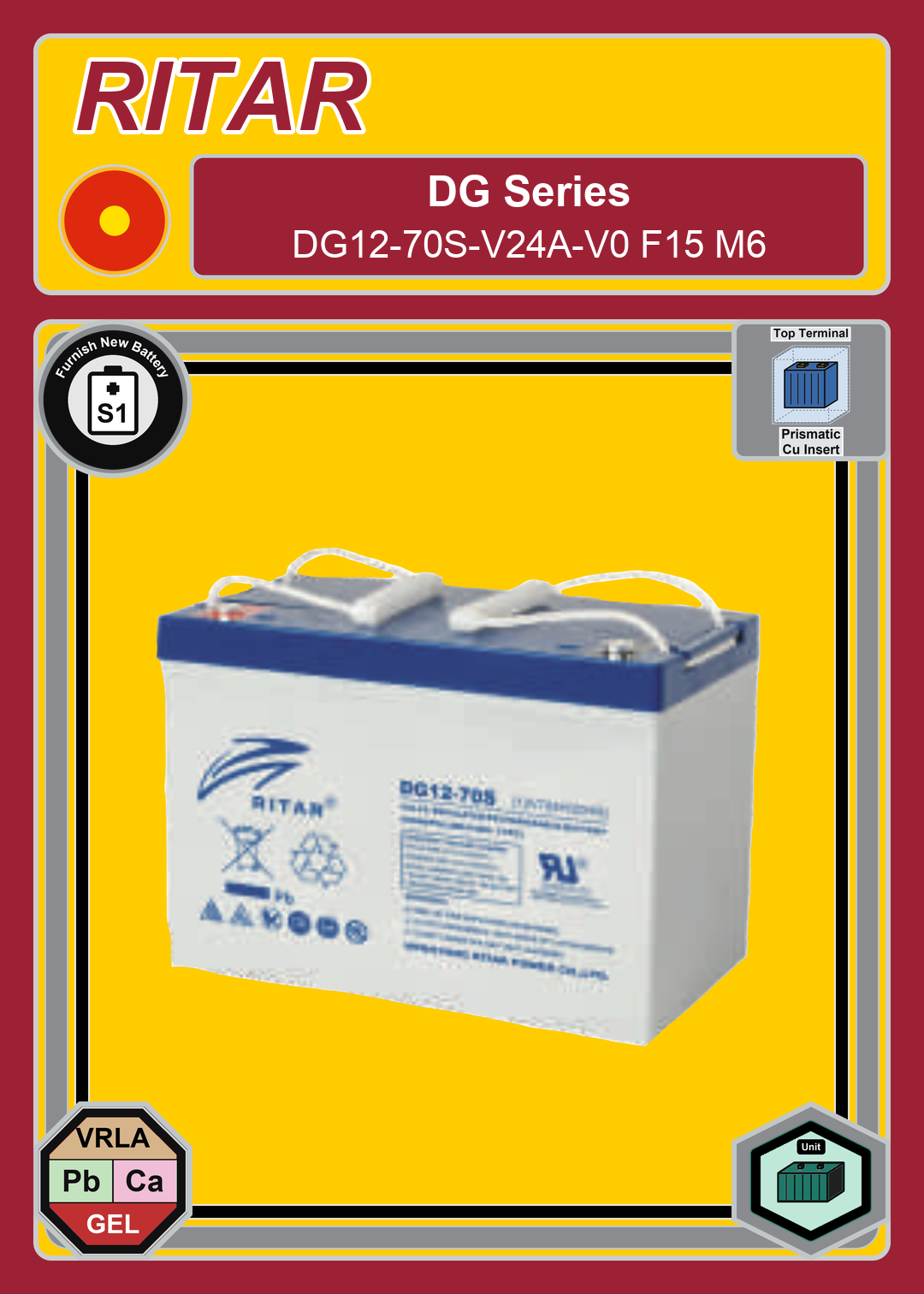 Furnish New Battery Ritar DG Series DG12 70S V24A V0 F15 M6