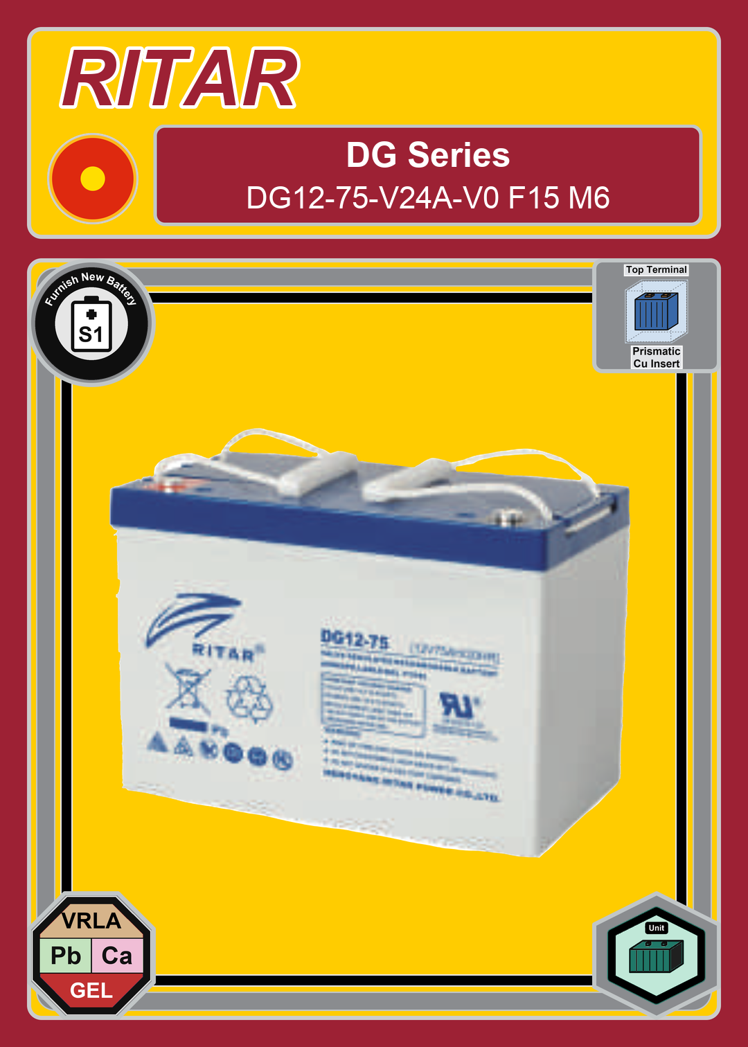Furnish New Battery Ritar DG Series DG12 75 V24A V0 F15 M6