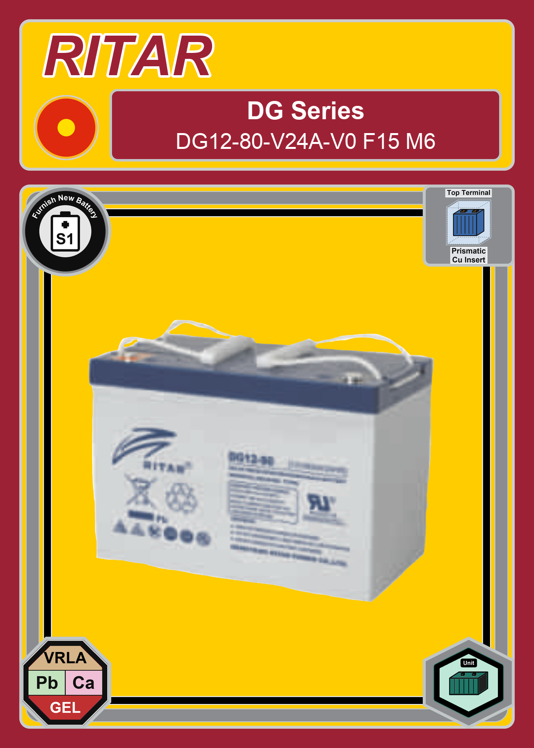 Furnish New Battery Ritar DG Series DG12 80 V24A V0 F15 M6