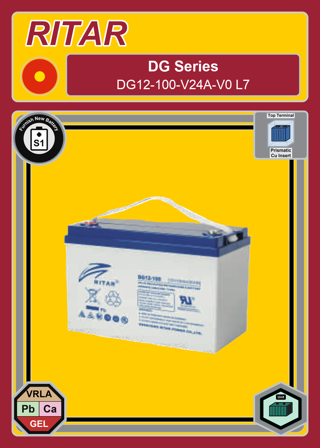 Furnish New Battery Ritar DG Series DG12 100 V24A V0 L7